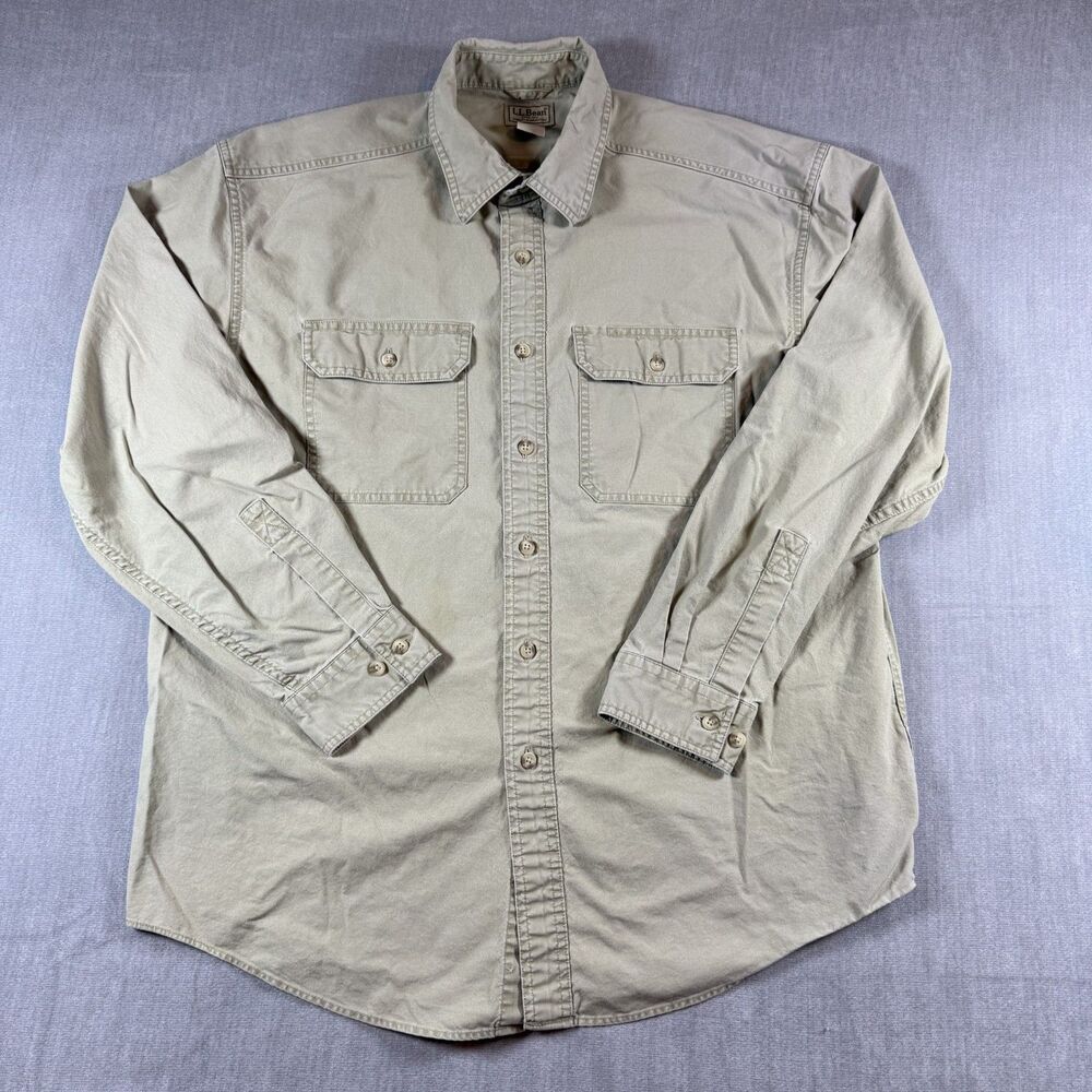LL Bean Mens L Regular tan Sunwashed Canvas Shirt 270133 2 Pocket Work